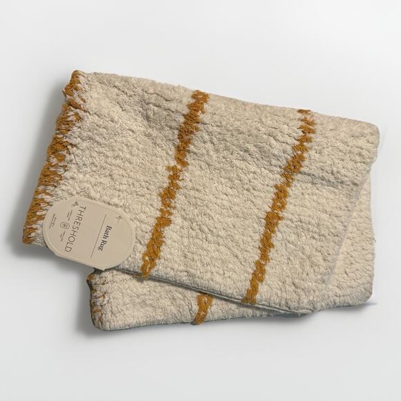 Threshold Bath Rug Modern Tufted Cream/Yellow Stripe 100% Cotton 20”x 30” NEW - Picture 6 of 11